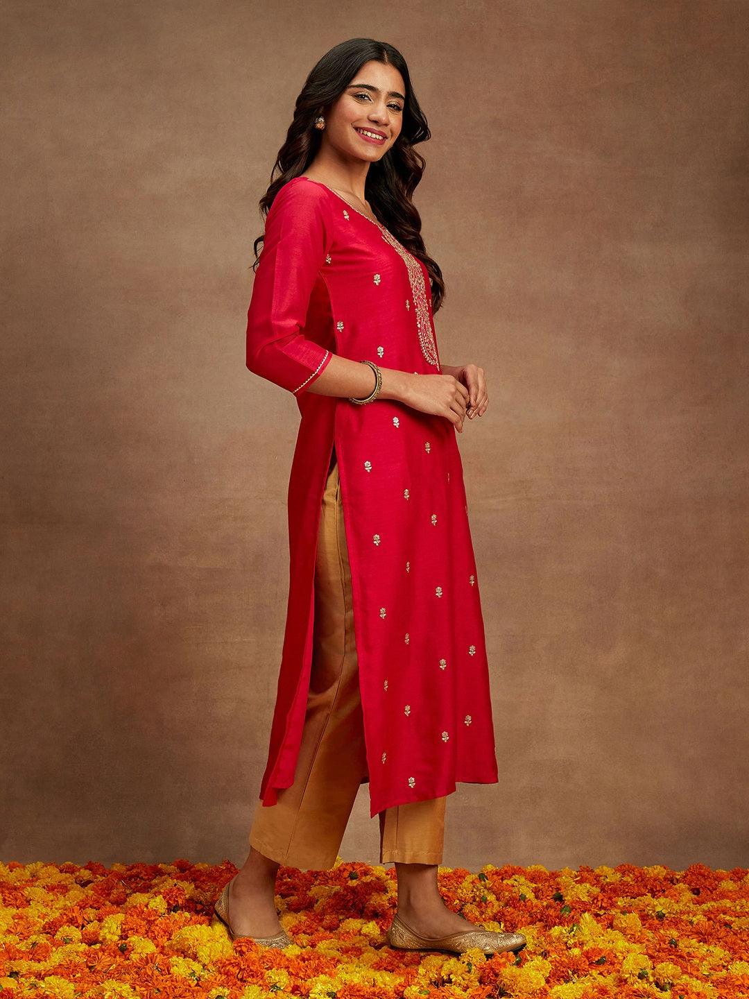Pink Embroidered Silk Straight Kurta - ShopLibas 