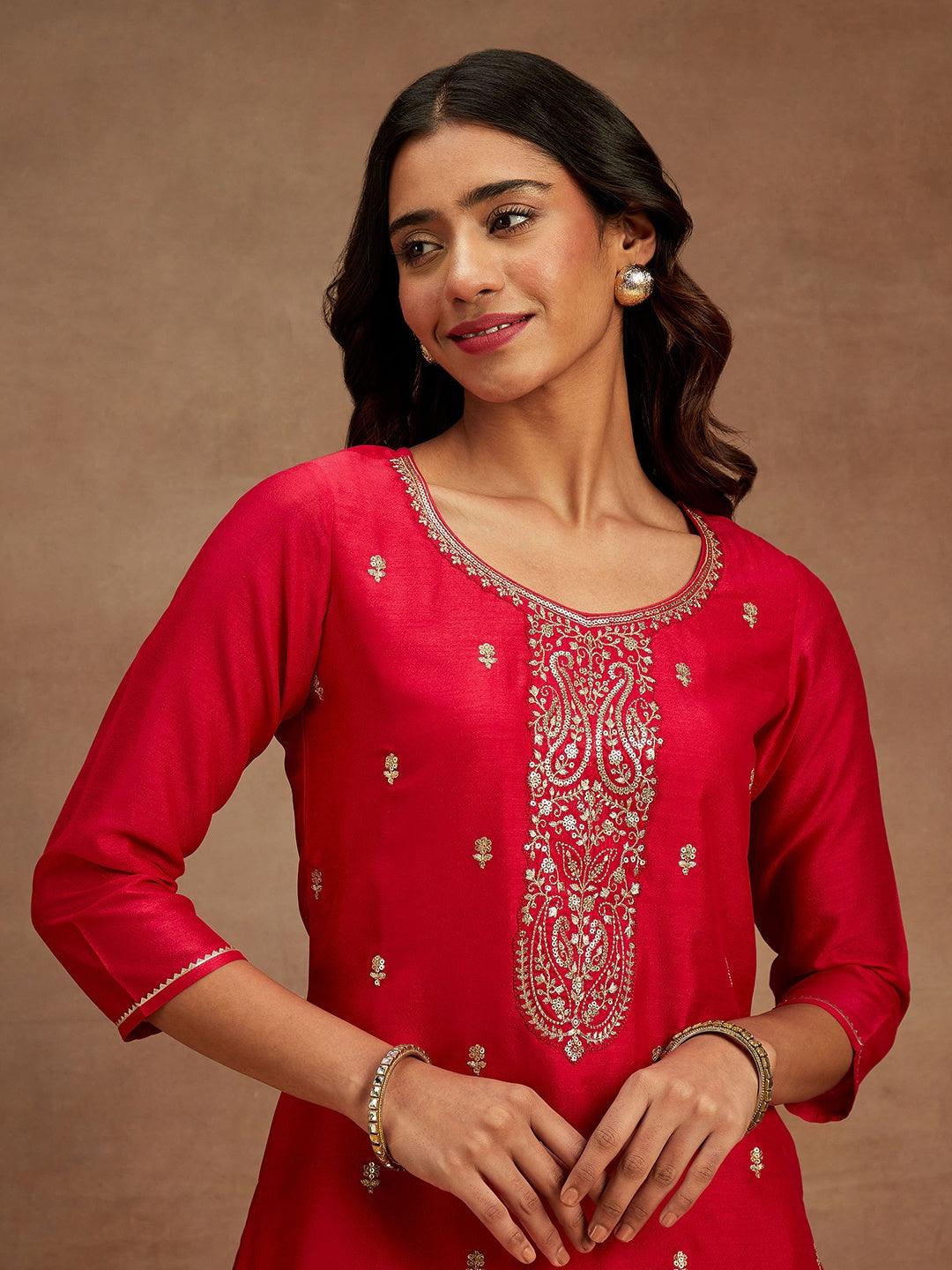 Pink Embroidered Silk Straight Kurta - ShopLibas 