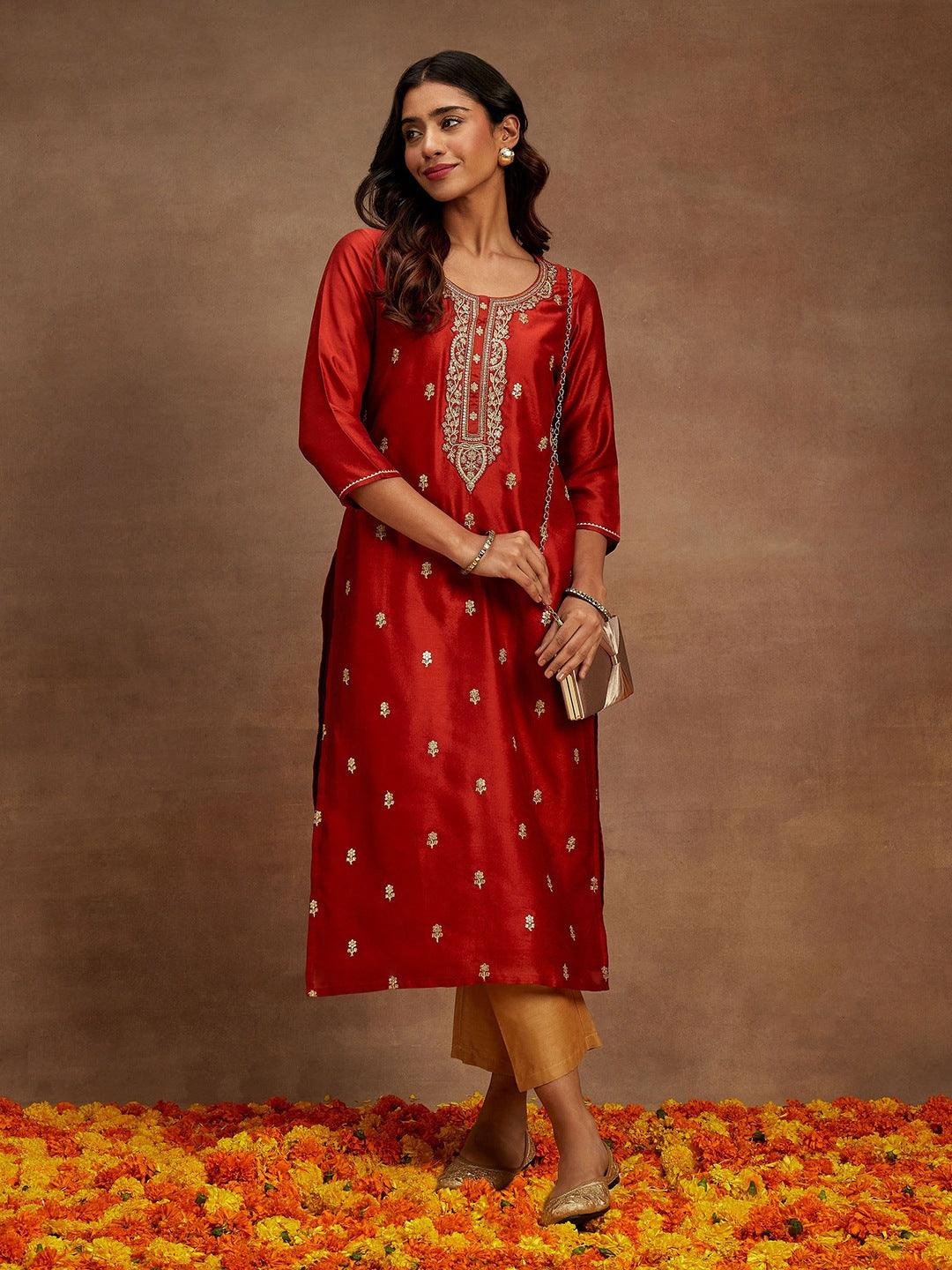 Rust Embroidered Silk Straight Kurta - ShopLibas 