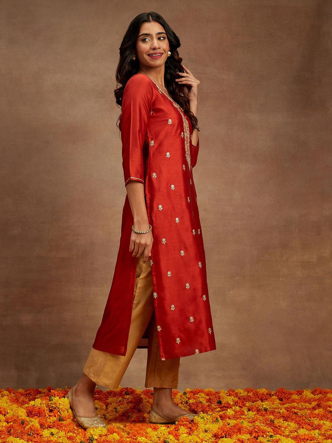 Rust Embroidered Silk Straight Kurta - ShopLibas 