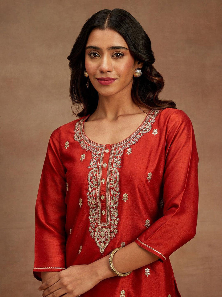 Rust Embroidered Silk Straight Kurta