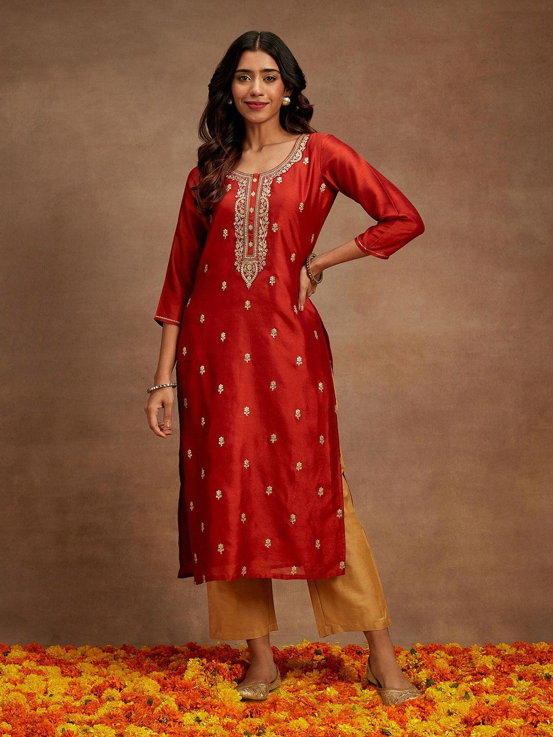 Rust Embroidered Silk Straight Kurta - ShopLibas 