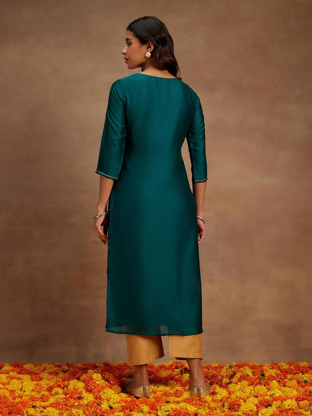 Teal Embroidered Silk Straight Kurta - ShopLibas 