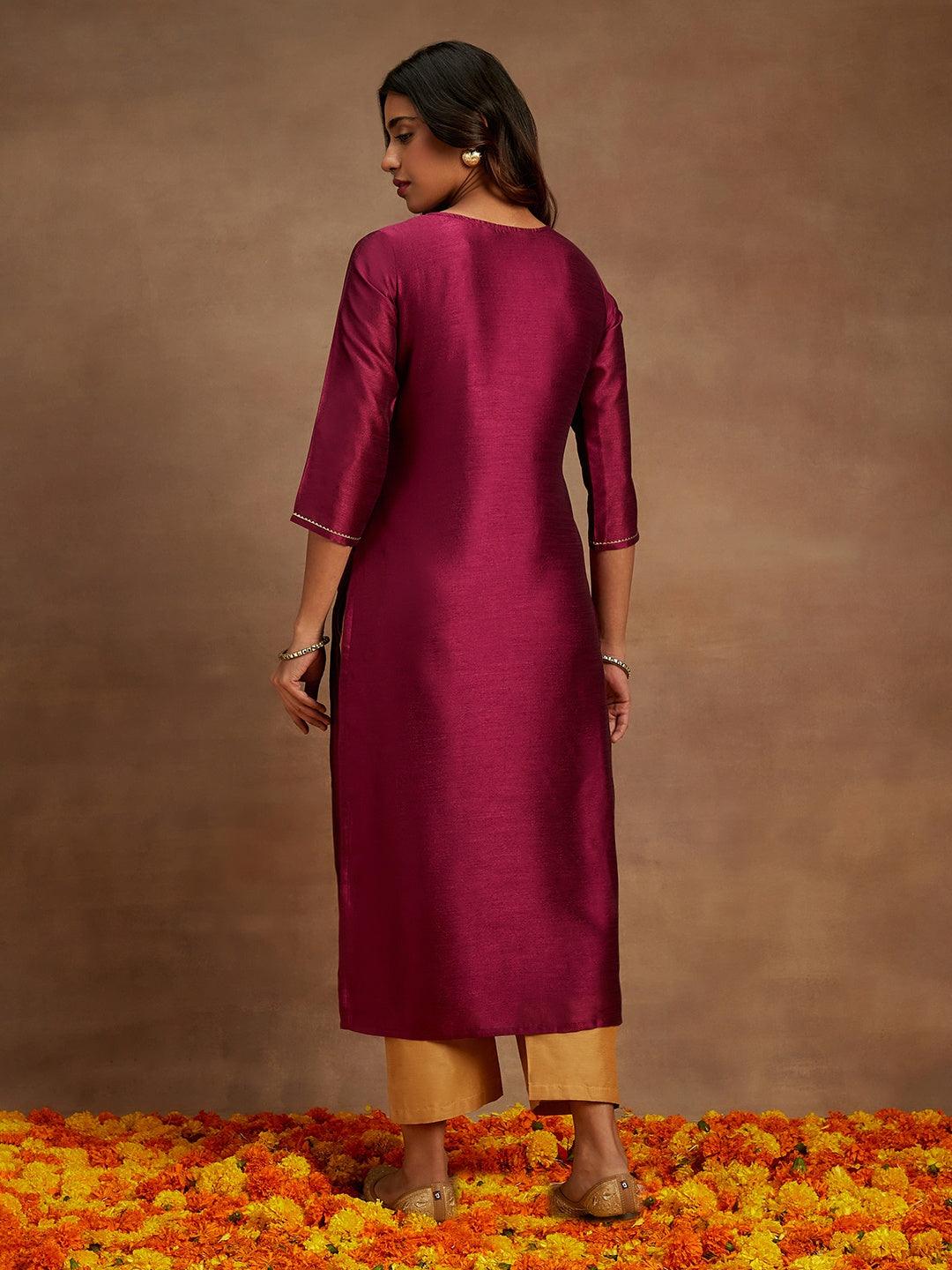 Purple Embroidered Silk Straight Kurta - ShopLibas 