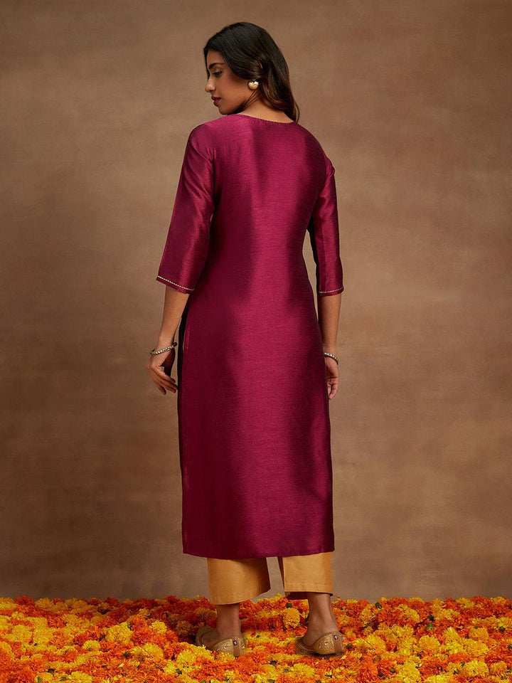 Purple Embroidered Silk Straight Kurta