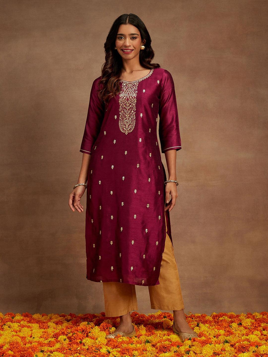 Purple Embroidered Silk Straight Kurta - ShopLibas 