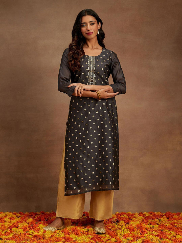 Grey Woven Design Chanderi Silk Straight Kurta - ShopLibas