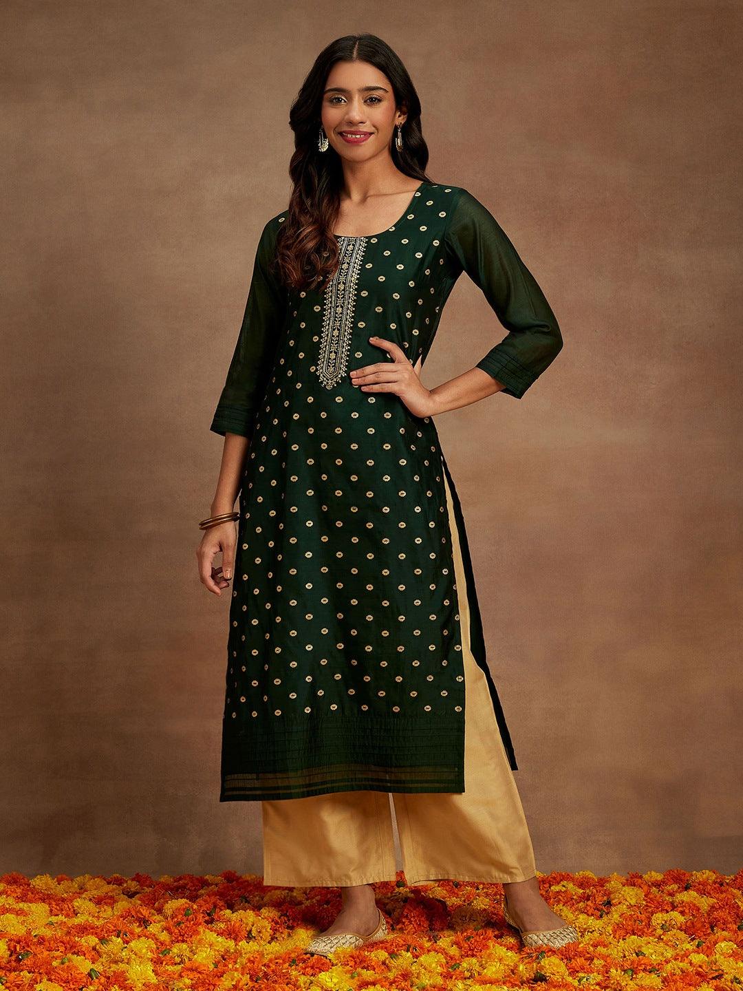 Green Woven Design Chanderi Silk Straight Kurta - ShopLibas 
