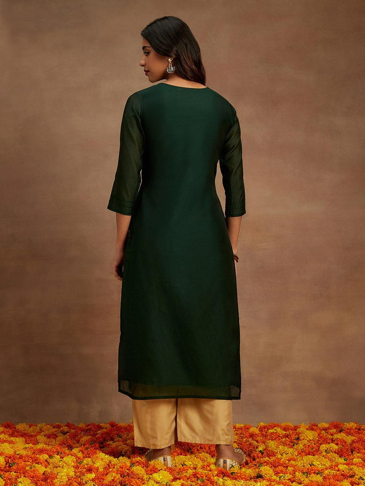 Green Woven Design Chanderi Silk Straight Kurta