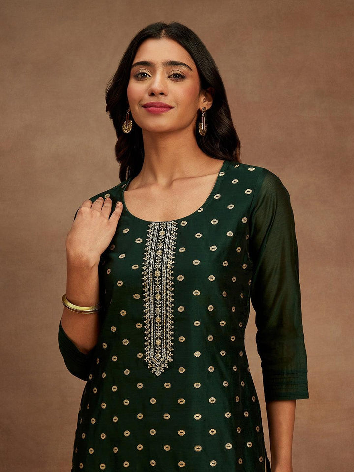 Green Woven Design Chanderi Silk Straight Kurta