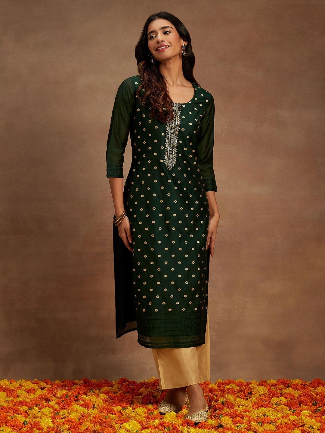 Green Woven Design Chanderi Silk Straight Kurta - ShopLibas 