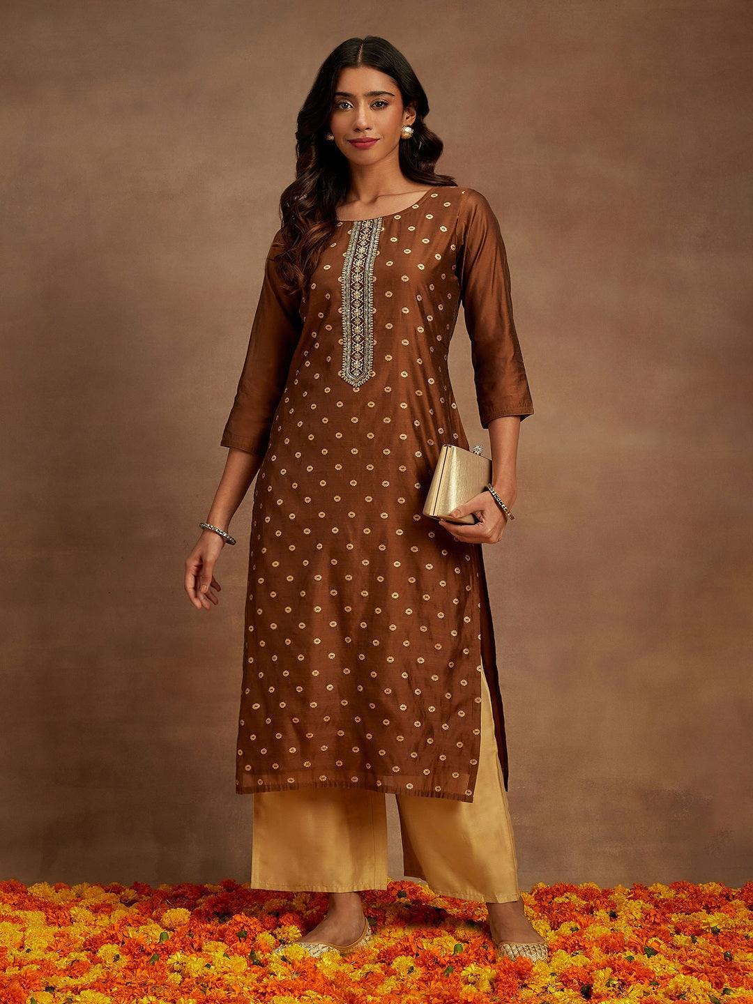Brown Woven Design Chanderi Silk Straight Kurta - ShopLibas