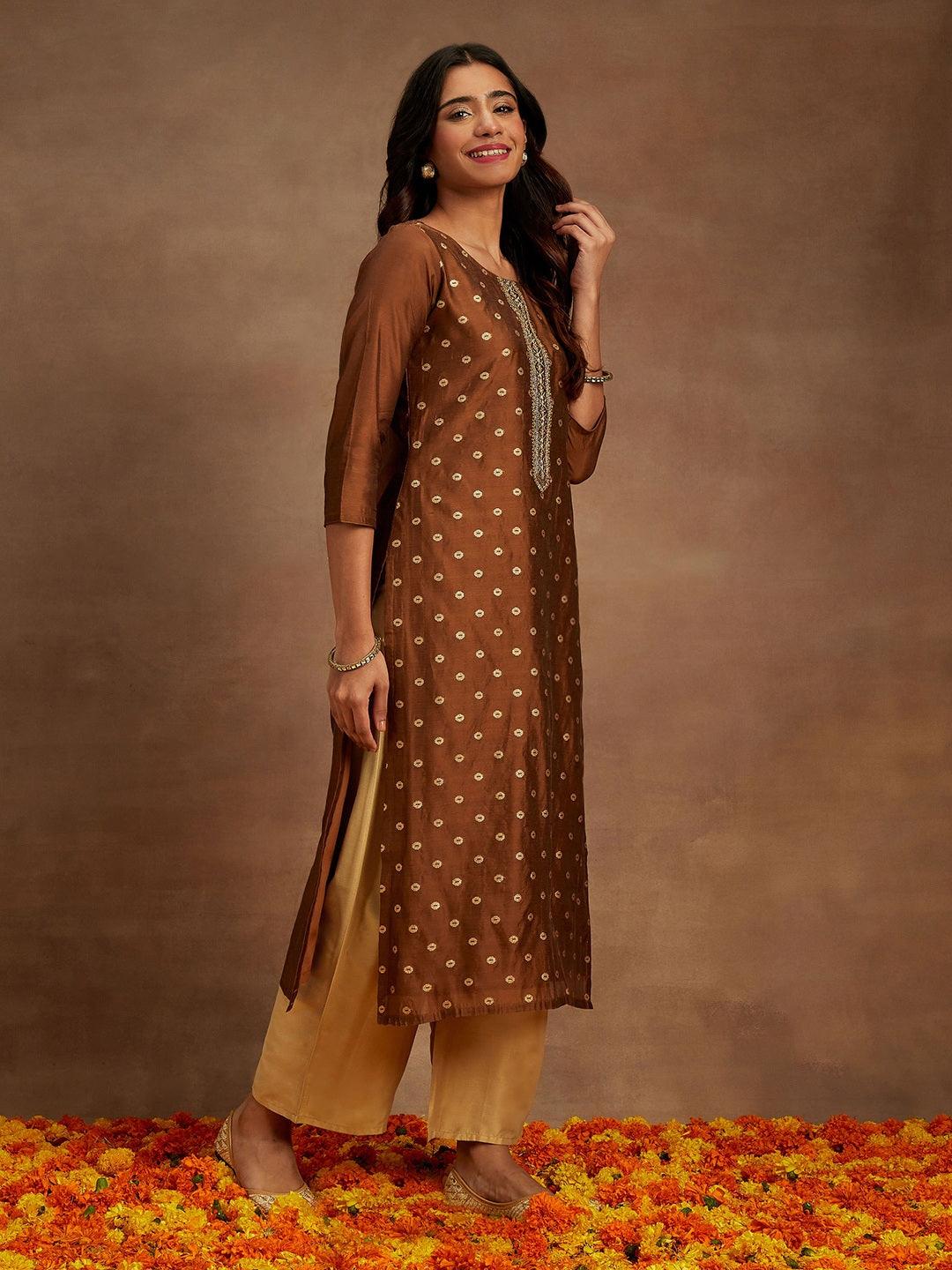 Brown Woven Design Chanderi Silk Straight Kurta - ShopLibas 