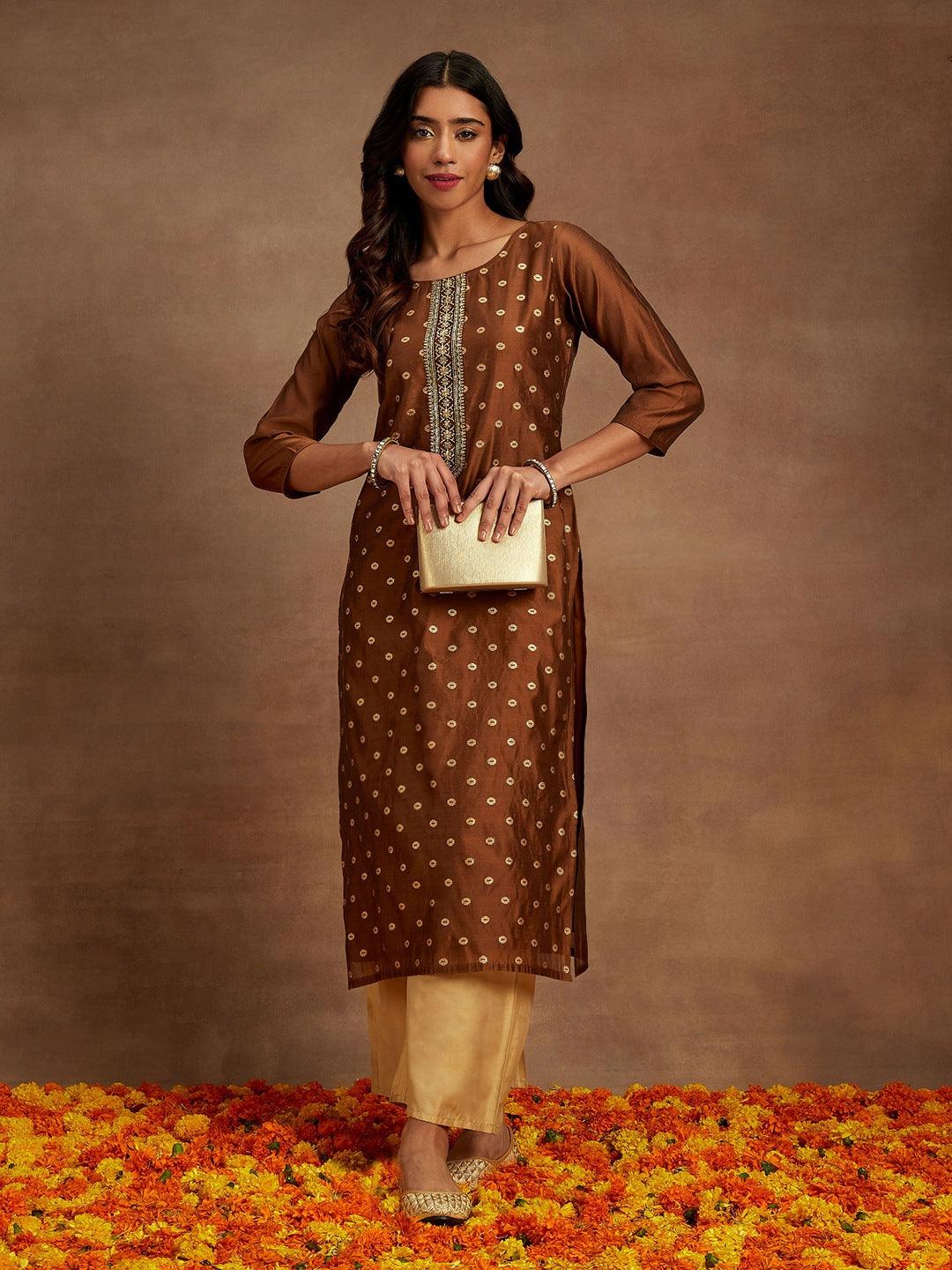Brown Woven Design Chanderi Silk Straight Kurta - ShopLibas 