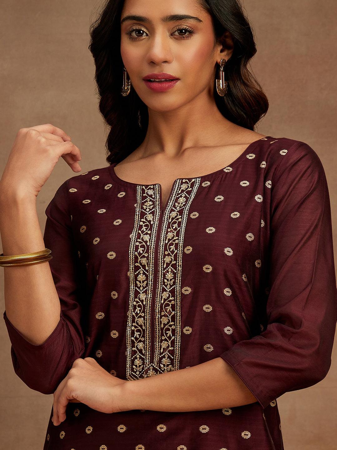 Wine Woven Design Chanderi Silk Straight Kurta - ShopLibas 