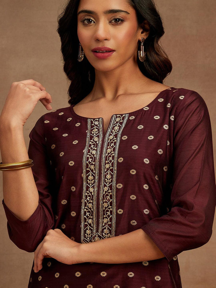 Wine Woven Design Chanderi Silk Straight Kurta