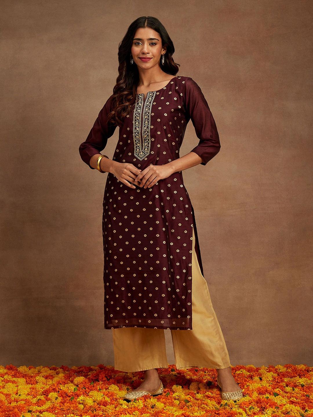 Wine Woven Design Chanderi Silk Straight Kurta - ShopLibas 