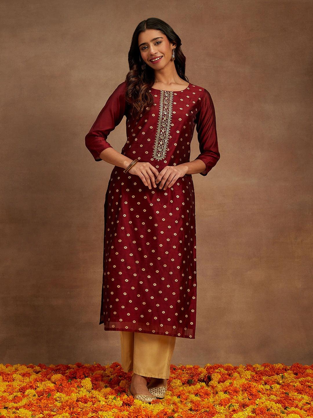 Maroon Woven Design Chanderi Silk Straight Kurta - ShopLibas