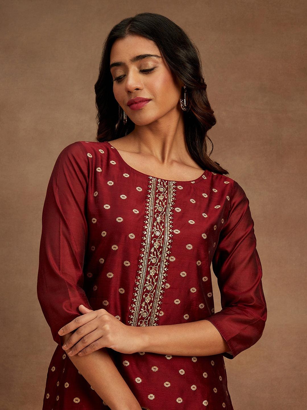 Maroon Woven Design Chanderi Silk Straight Kurta - ShopLibas 