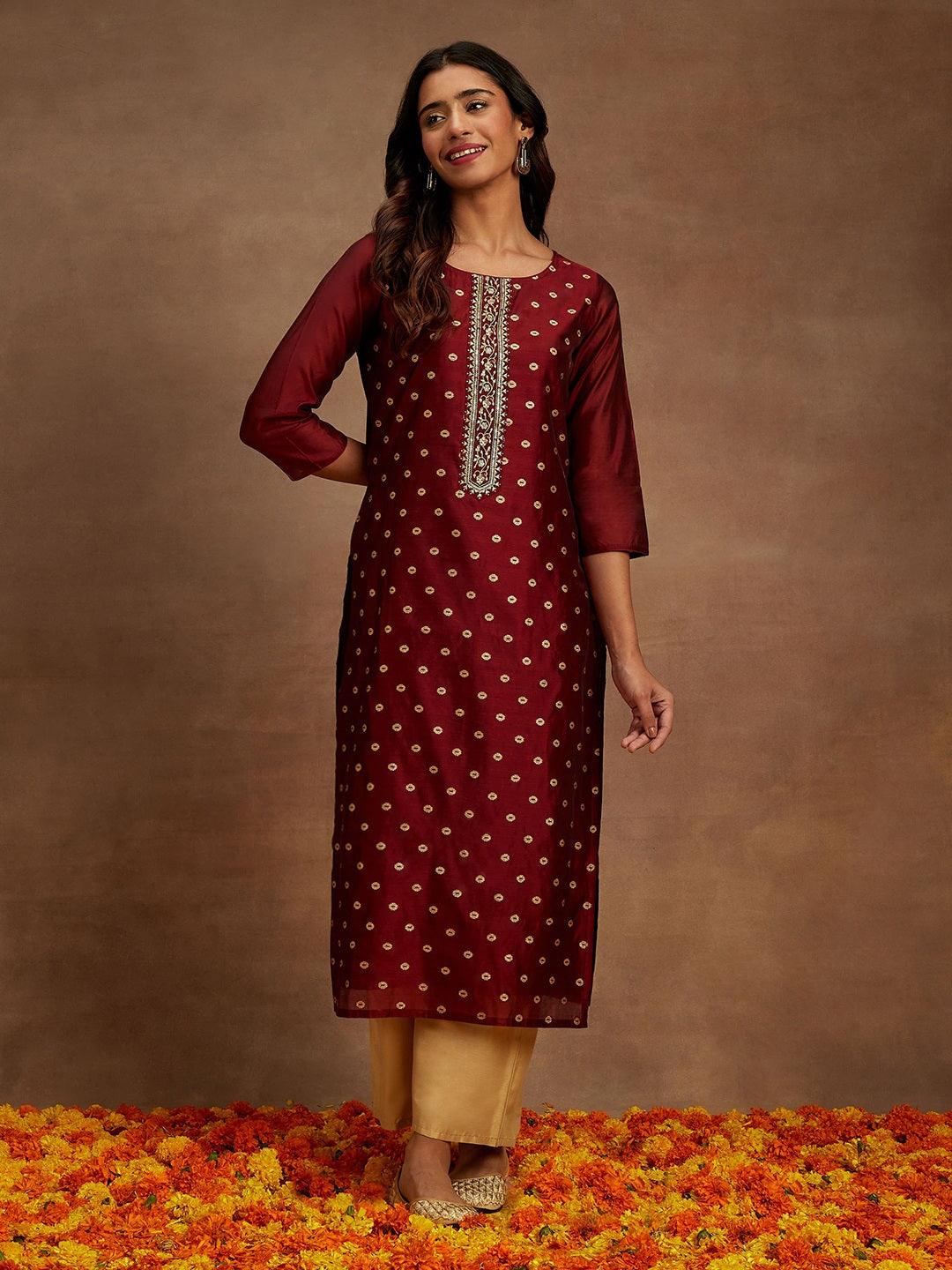 Maroon Woven Design Chanderi Silk Straight Kurta - ShopLibas 