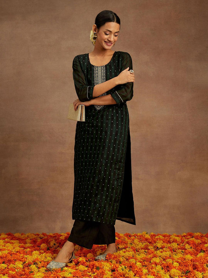 Green Woven Design Chanderi Silk Straight Kurta
