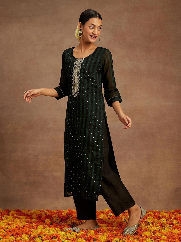 Green Woven Design Chanderi Silk Straight Kurta