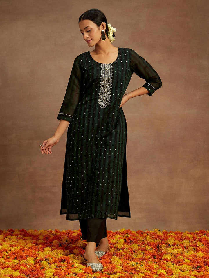 Green Woven Design Chanderi Silk Straight Kurta