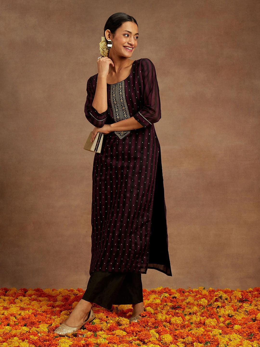 Purple Woven Design Chanderi Silk Straight Kurta - ShopLibas
