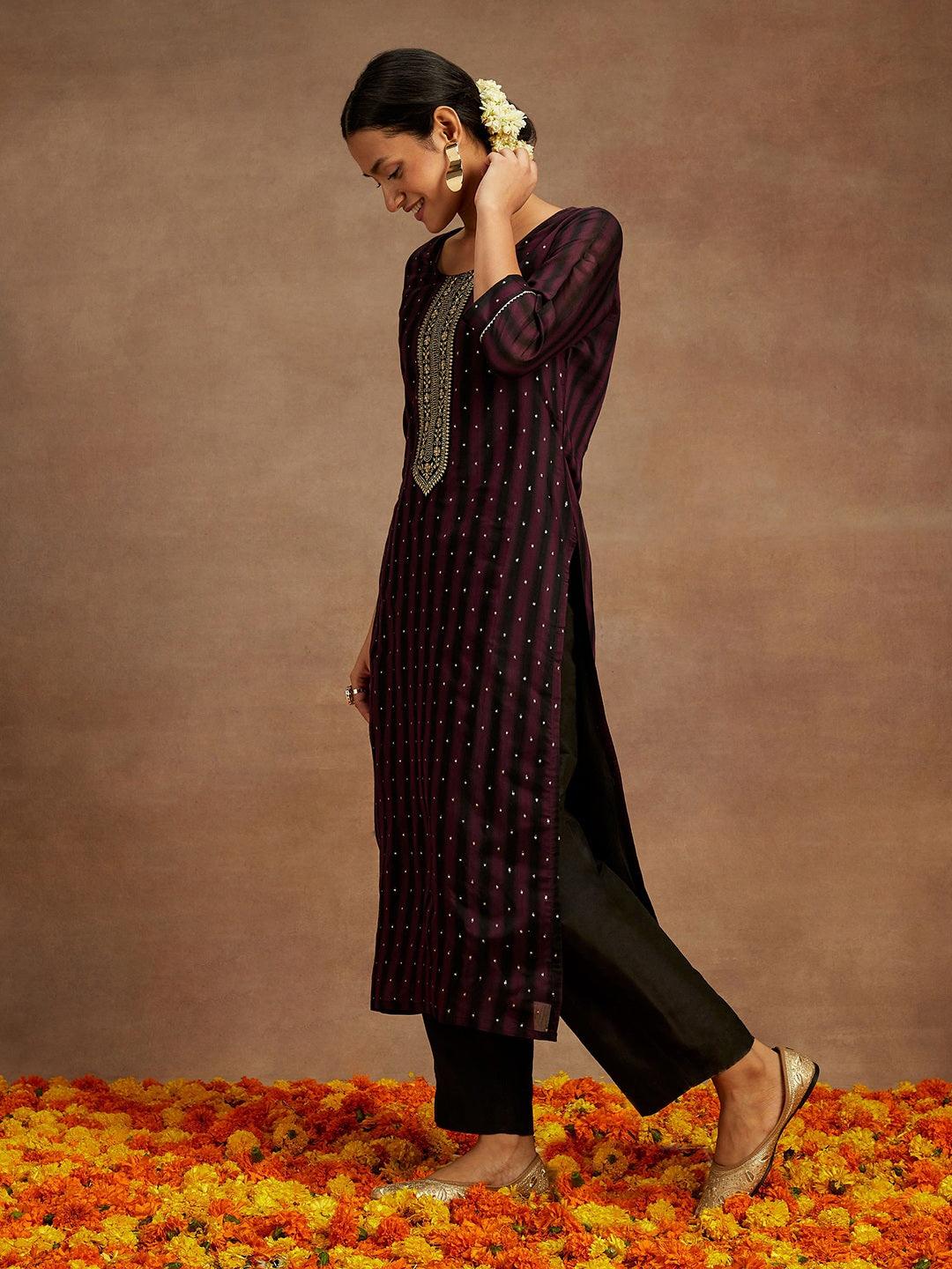 Purple Woven Design Chanderi Silk Straight Kurta - ShopLibas 