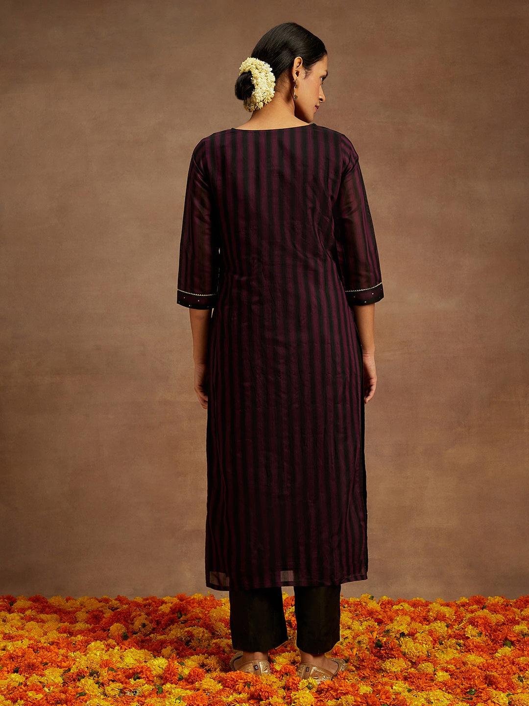 Purple Woven Design Chanderi Silk Straight Kurta - ShopLibas 