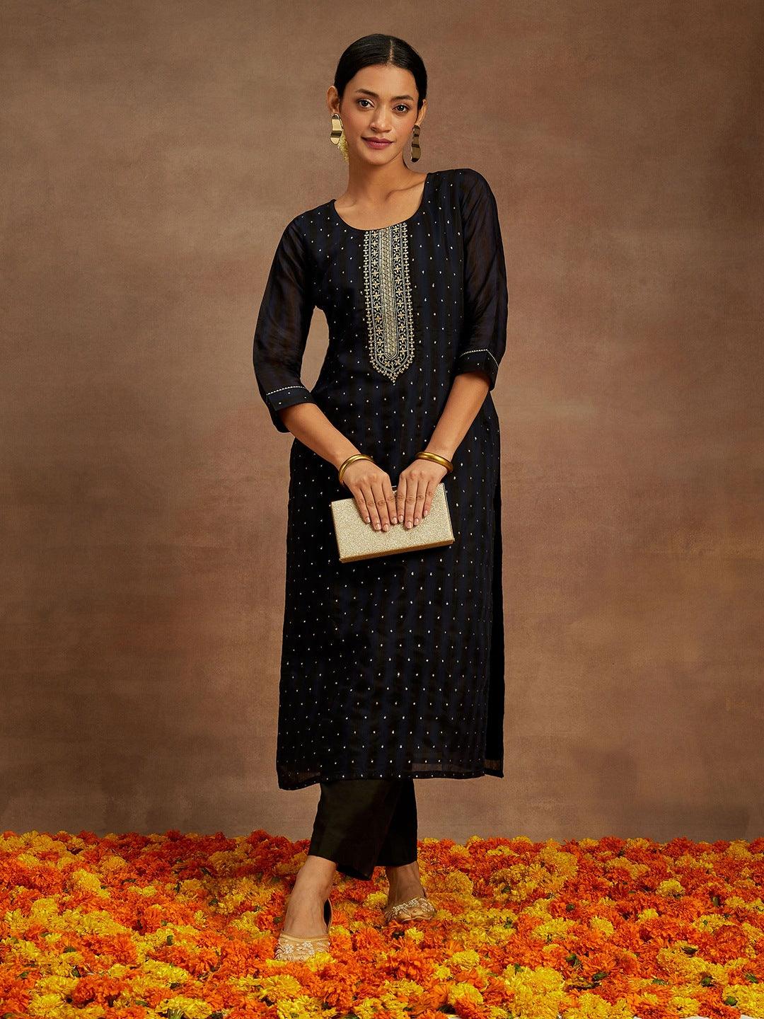 Navy Blue Woven Design Chanderi Silk Straight Kurta - ShopLibas