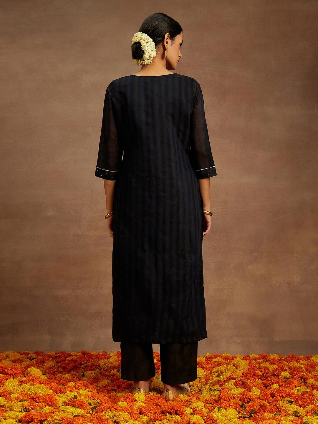 Navy Blue Woven Design Chanderi Silk Straight Kurta - ShopLibas 