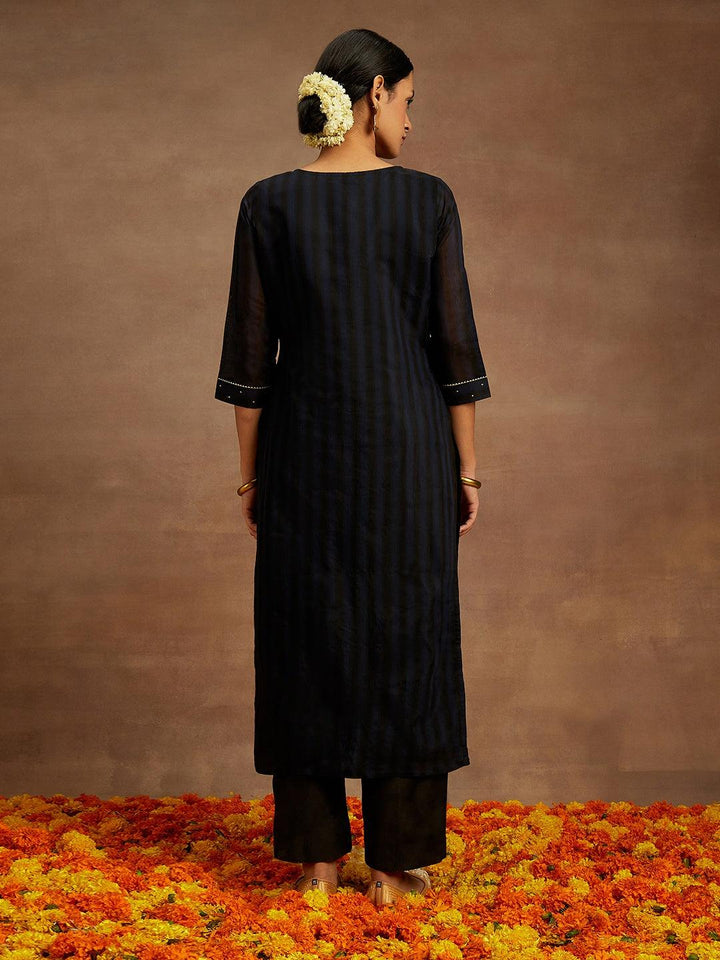 Navy Blue Woven Design Chanderi Silk Straight Kurta
