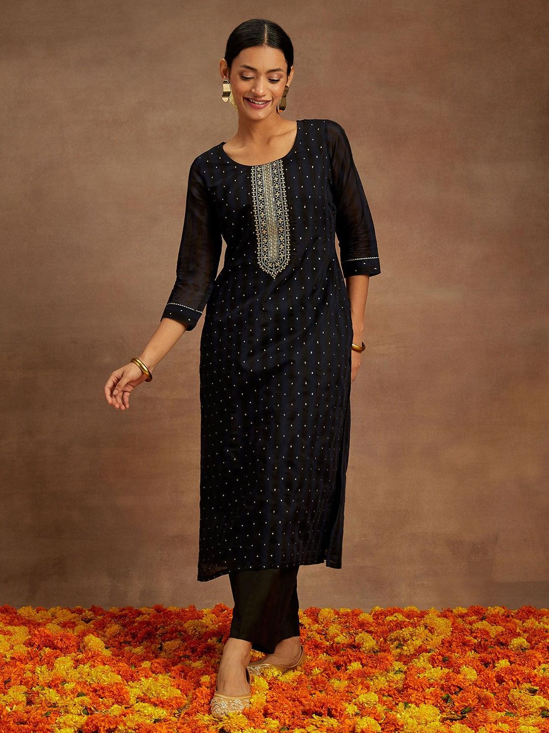 Navy Blue Woven Design Chanderi Silk Straight Kurta - ShopLibas 