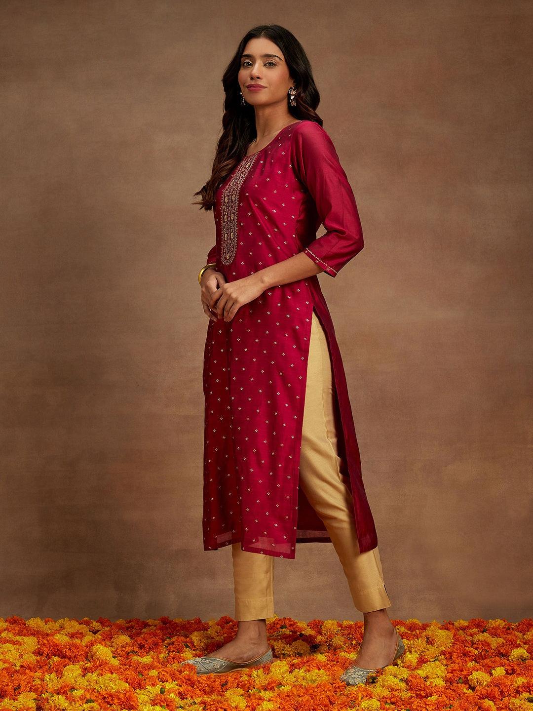 Fuchsia Woven Design Chanderi Silk Straight Kurta - ShopLibas 