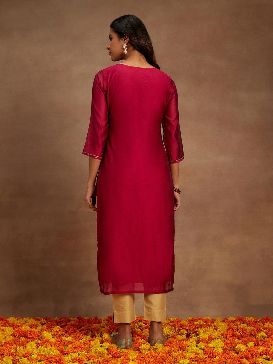 Fuchsia Woven Design Chanderi Silk Straight Kurta - ShopLibas 