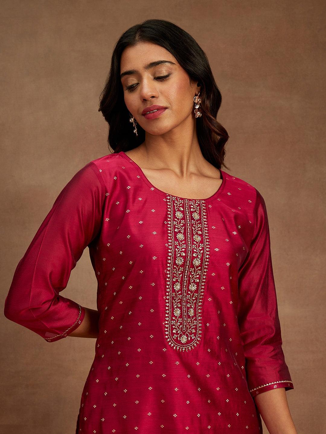 Fuchsia Woven Design Chanderi Silk Straight Kurta - ShopLibas 