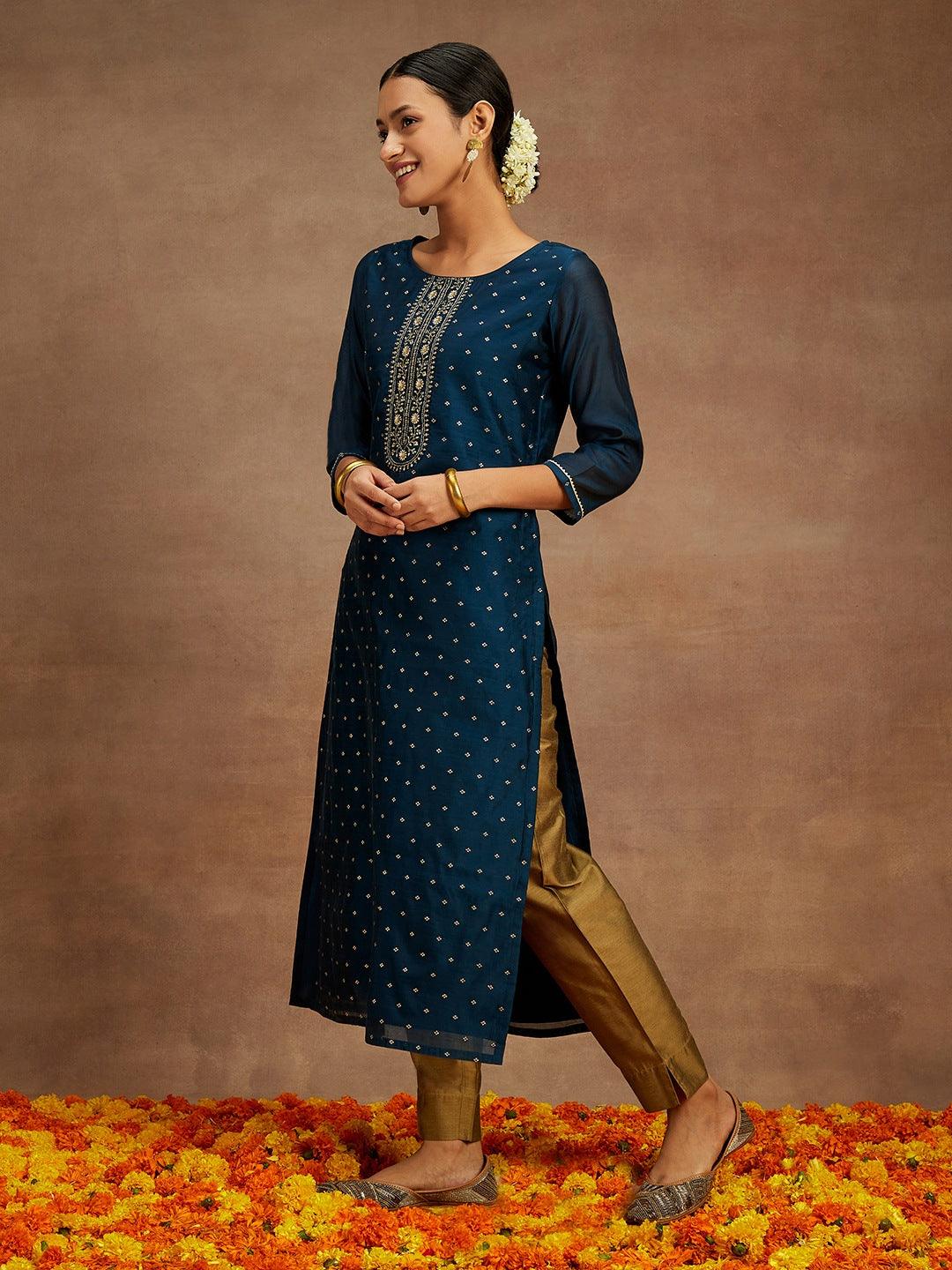 Teal Woven Design Chanderi Silk Straight Kurta - ShopLibas 