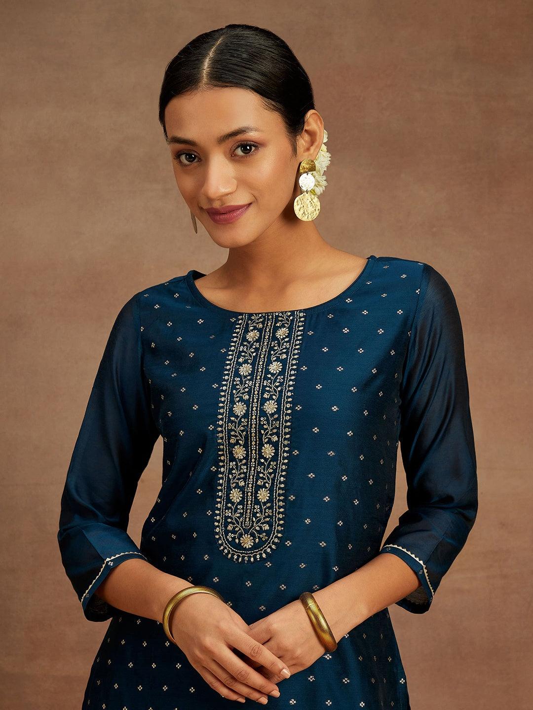 Teal Woven Design Chanderi Silk Straight Kurta - ShopLibas 