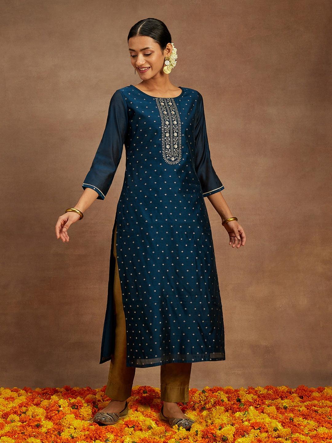 Teal Woven Design Chanderi Silk Straight Kurta - ShopLibas 