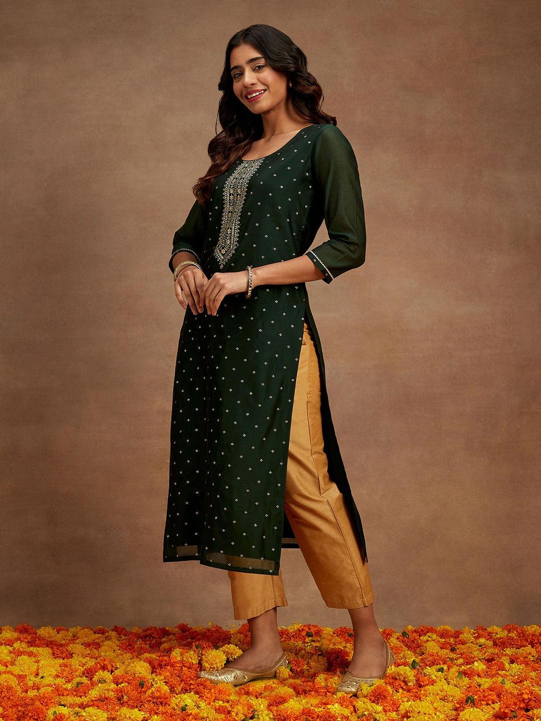 Green Woven Design Chanderi Silk Straight Kurta - ShopLibas 