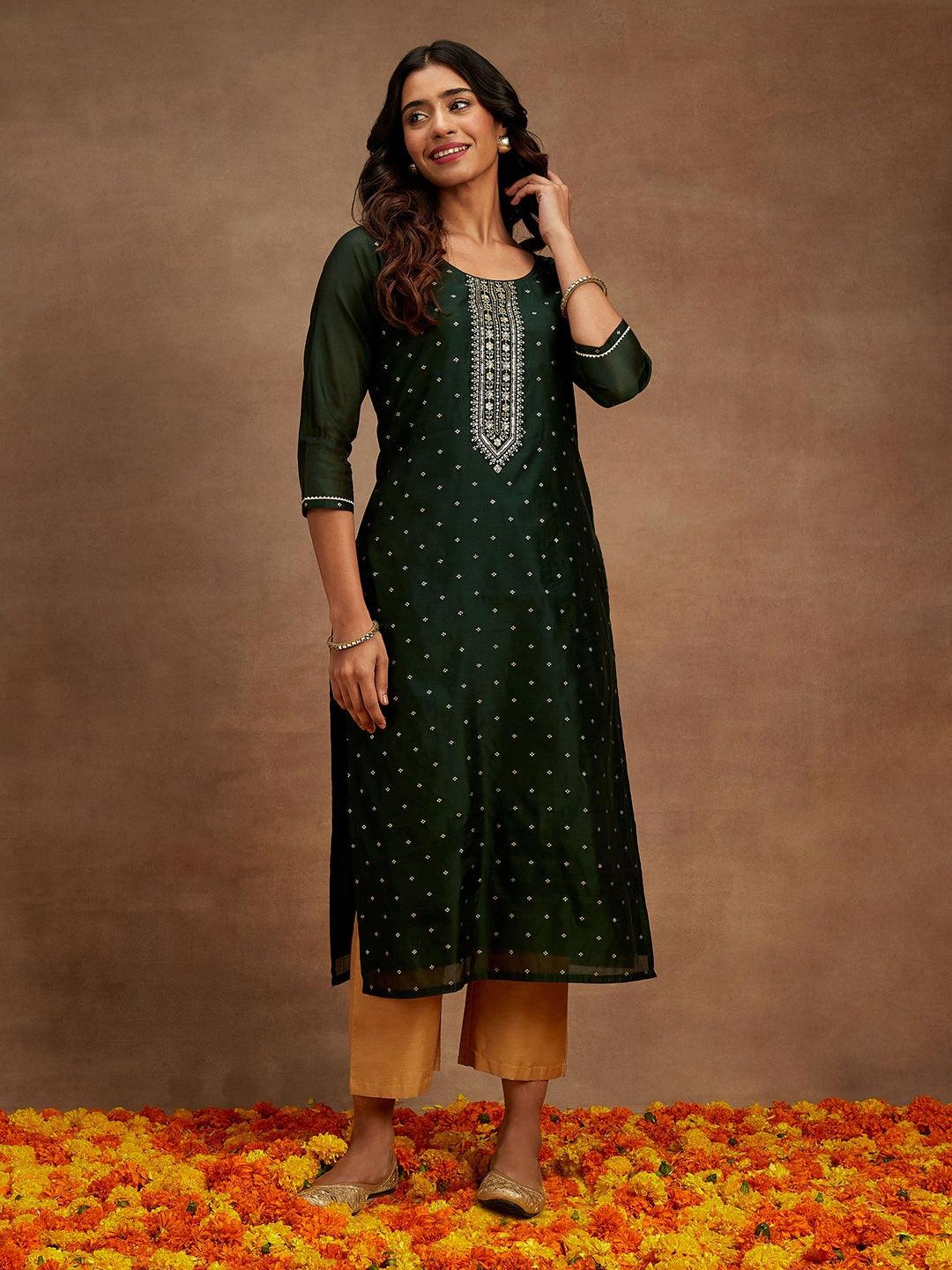 Green Woven Design Chanderi Silk Straight Kurta - ShopLibas 