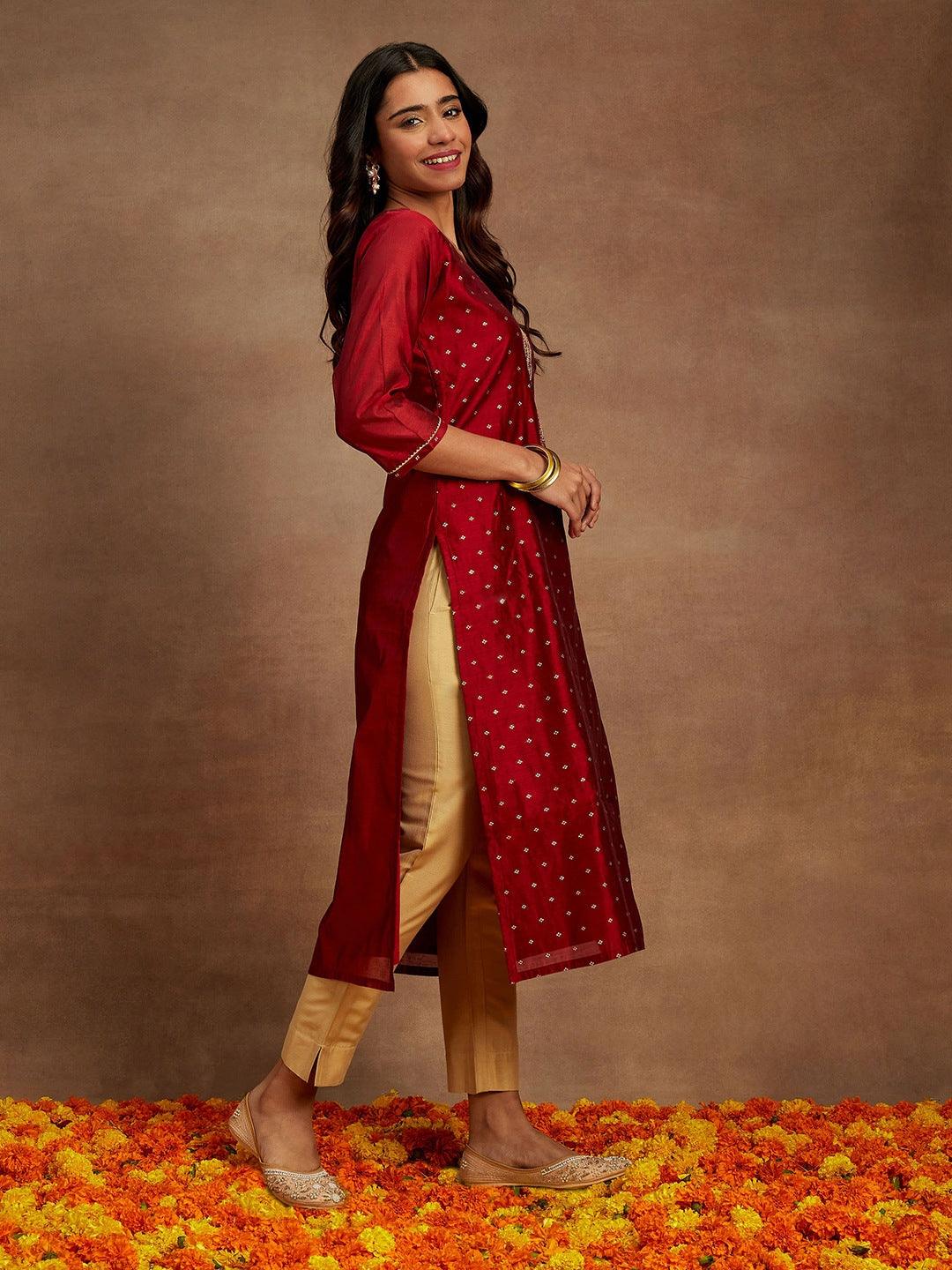 Maroon Woven Design Chanderi Silk Straight Kurta - ShopLibas 