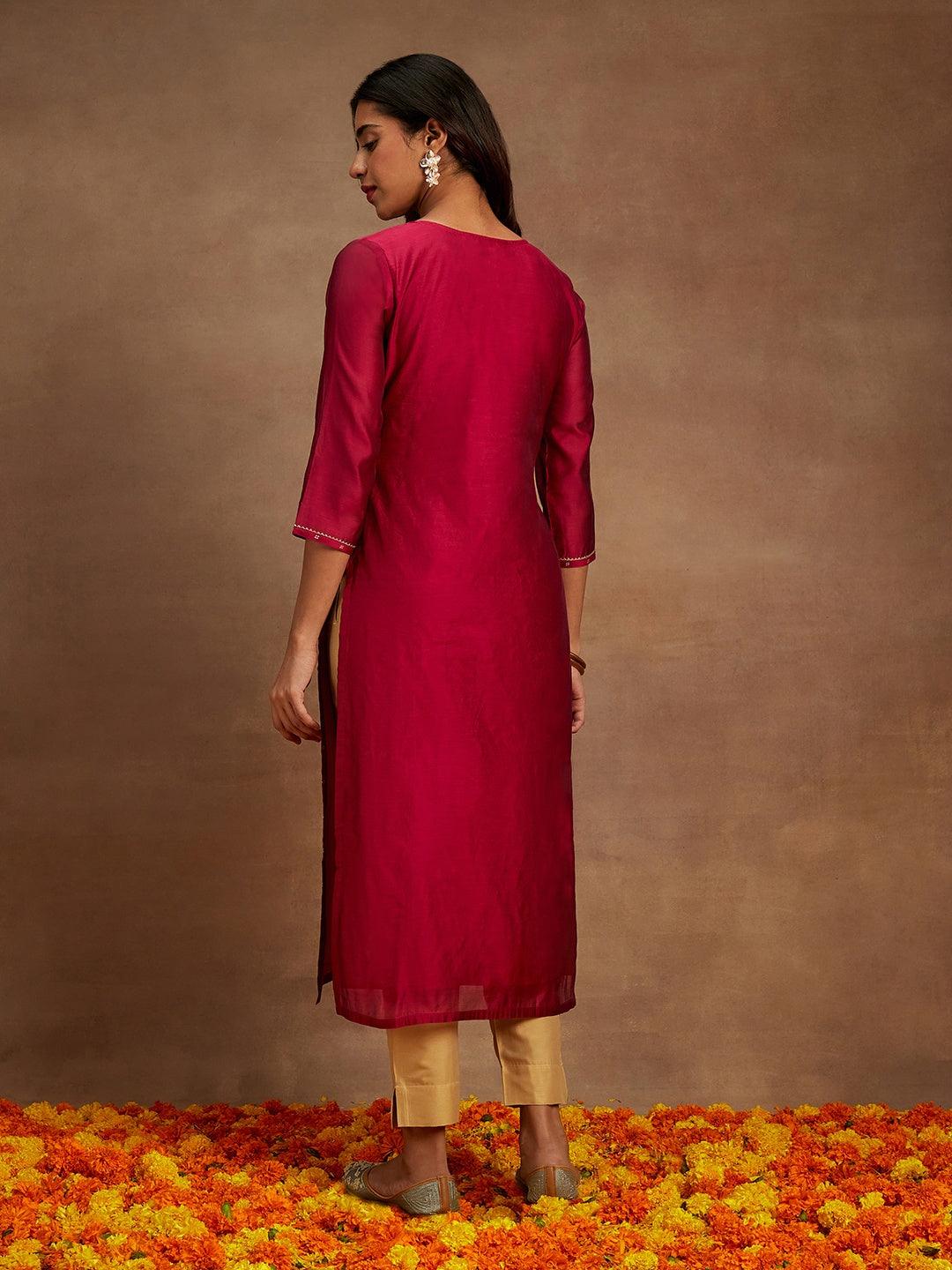 Maroon Woven Design Chanderi Silk Straight Kurta - ShopLibas 