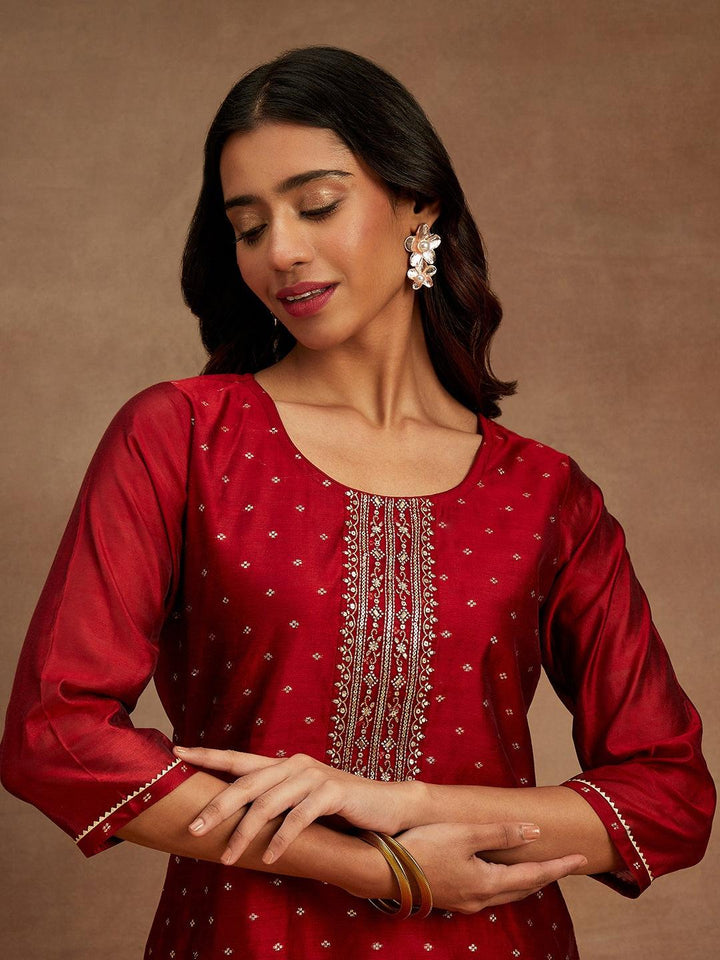 Maroon Woven Design Chanderi Silk Straight Kurta