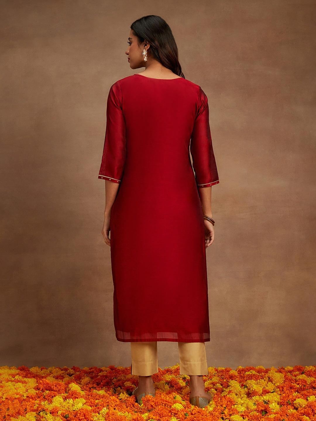 Maroon Chanderi Silk Woven Design Kurta - ShopLibas 