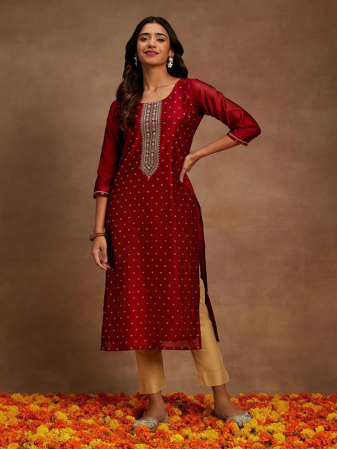 Maroon Chanderi Silk Woven Design Kurta - ShopLibas 