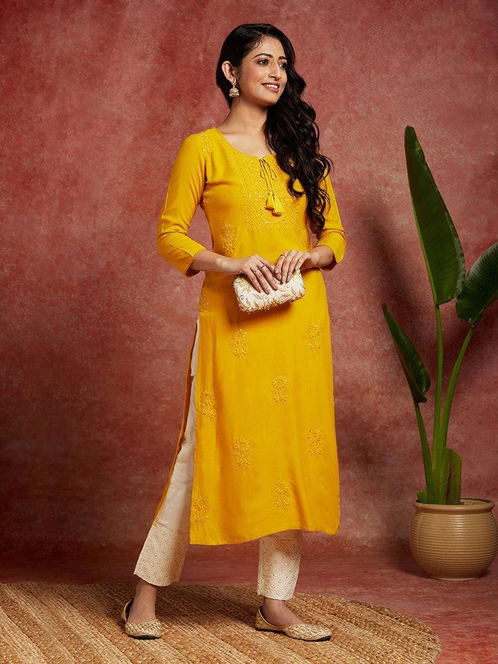 Yellow Embroidered Rayon Straight Kurta - ShopLibas