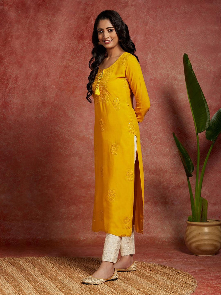 Yellow Embroidered Rayon Straight Kurta - ShopLibas