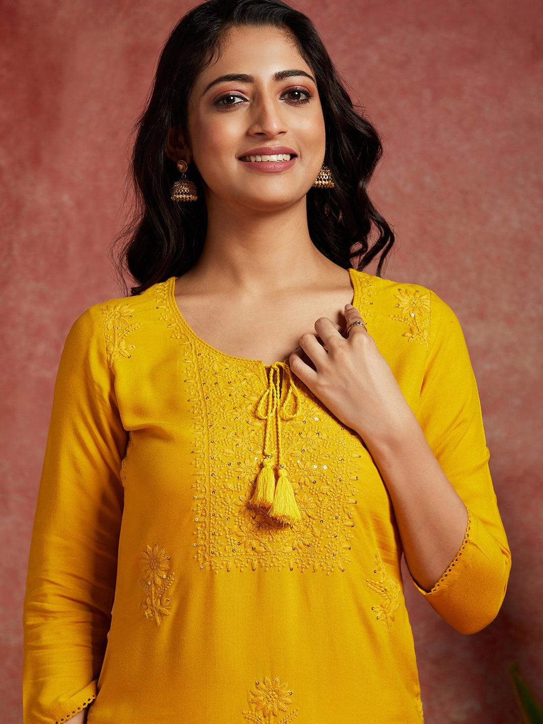 Yellow Embroidered Rayon Straight Kurta - ShopLibas